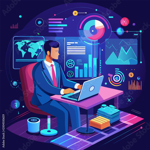 Futuristic Business Data Analytics Dashboard with Holographic Interface in Modern Office