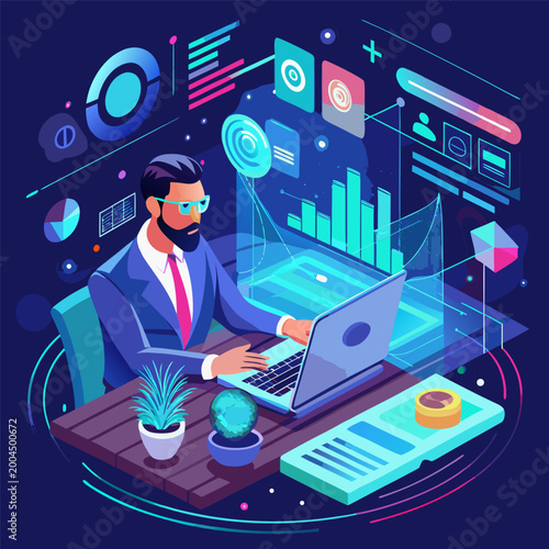 Futuristic Business Data Analytics Dashboard with Holographic Interface in Modern Office