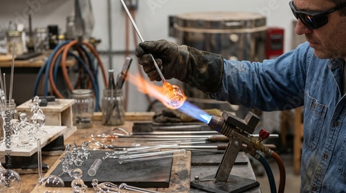 Artisan meticulously crafts delicate glass sculptures using a blowtorch in a workshop setting, showcasing skill and creativity