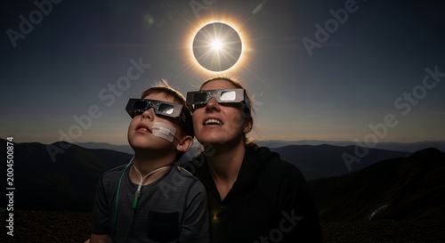 Mother and Son Witnessing Total Solar Eclipse from Mountain with Safety Glasses