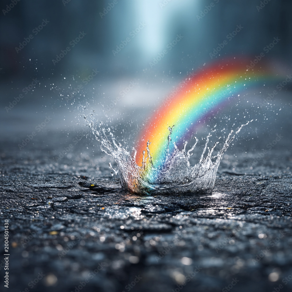 Fototapeta premium Water splash with rainbow over asphalt pavement water drop weather phenomenon