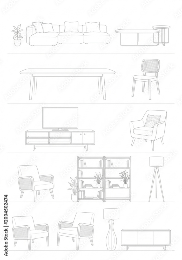 Fototapeta premium Minimalist furniture line drawings set including sofa, chairs, tables, and bookshelves. Perfect for interior icons, architectural plans, and decor.
