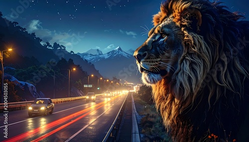 Majestic lion road night