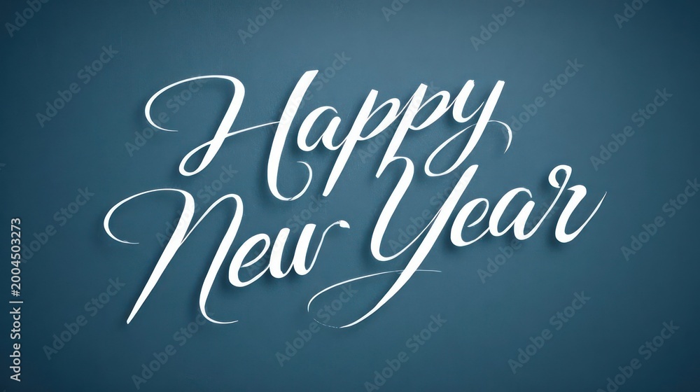 Obraz premium Elegant white calligraphy text happy new year on a dark blue background with subtle gradient and soft shadow