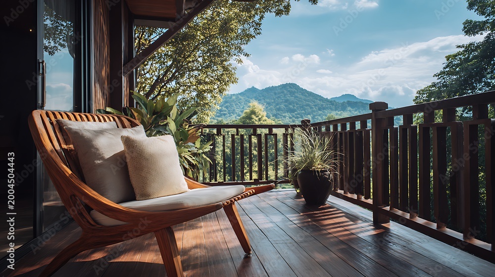 Naklejka premium Awesome photo of cozy wooden balcony with comfortable lounge chair overlooking scenic green mountains.