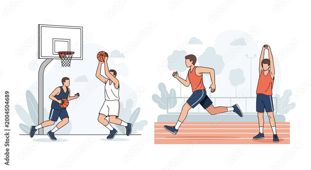 Fototapeta premium Athletes Playing Basketball and Running on Track, Healthy Lifestyle