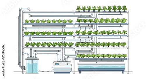 Foto Vertical Hydroponic Farm System with Leafy Greens and Water Tanks