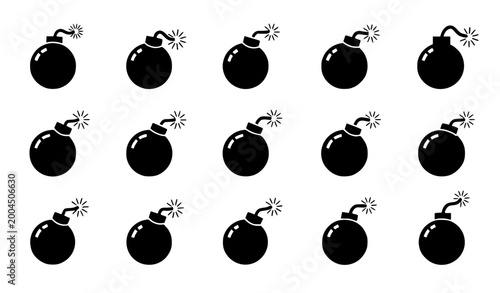 Photos Bomb Icon Pack with Explosive Fuse Symbols for Warning Signs, Security Alerts, M