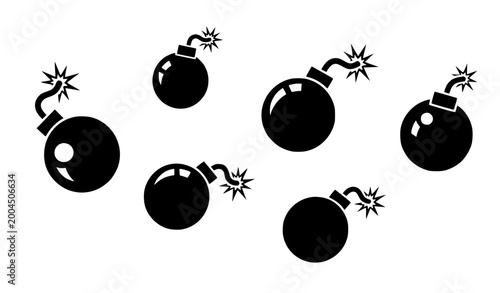 Tableau sur toile Black Bomb Icon Set with Explosive Fuse Symbols for Danger Alerts, Military Grap