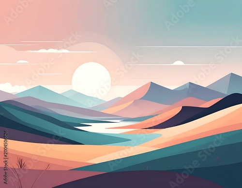 A serene landscape depicting stylized mountains and a winding river bathed in the warm glow of a setting sun. Subtle clouds drift across the pastel sky