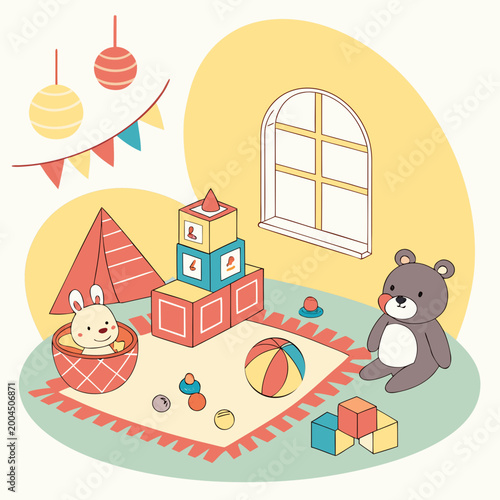 Foto Children's playroom cartoon with a cute bear bunny in a basket colorful blocks a