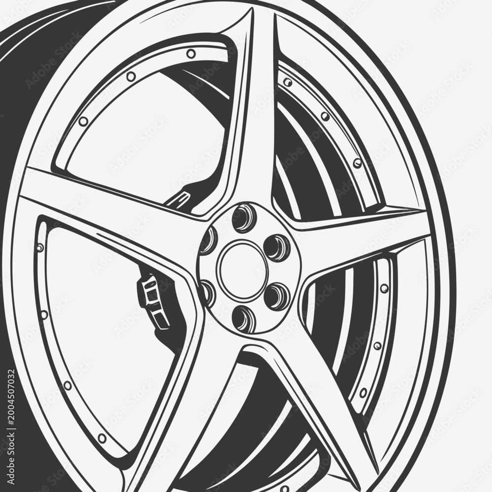 Obraz premium Modern five spoke car rim vector illustration with automotive transportation illustration performance mechanical engineering wheelset accessory circular aluminium component technology