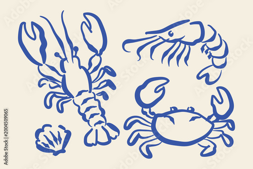 Canvas Print Seafood set naive blue sketch pattern vector