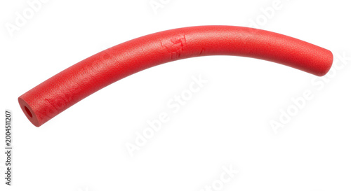 Red pool noodle PNG. Floating foam tube isolated for summer swimming and water play designs.