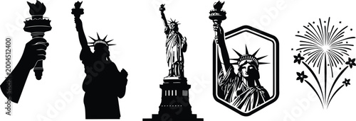 Statue of liberty silhouette set vector illustration monument torch and fireworks graphics.