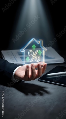 Businessman hand holding glowing house icon with percentage symbol and upward arrows representing mortgage rates and real estate investment growth.