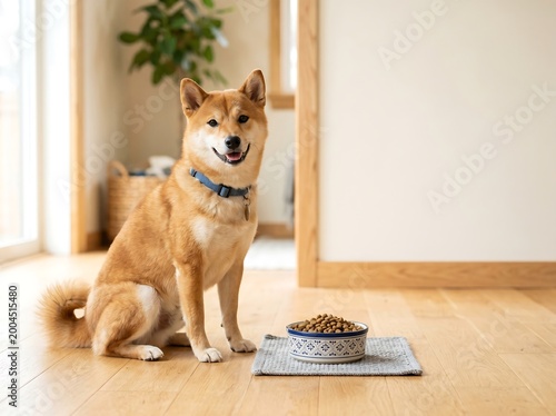 Happy shiba inu dog sitting patiently next to its food bowl indoors