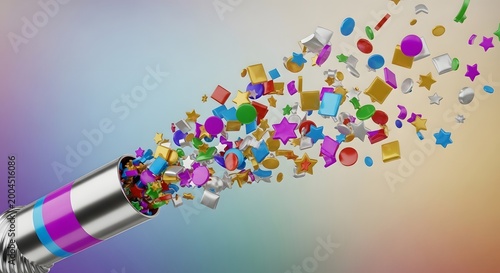 Vibrant 3D confetti explosion bursts from a festive popper, showering colorful geometric shapes and stars across a soft rainbow-gradient background, perfect for celebrating joy and exciting moments