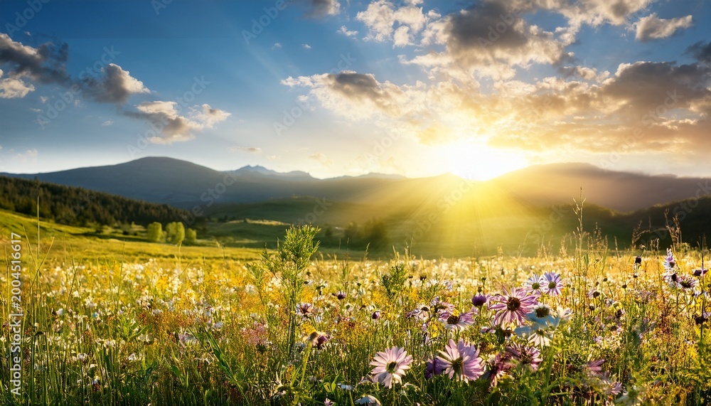 Fototapeta premium a vibrant meadow blossoms under a soft sunlit sky