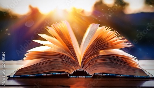 pages ablaze an open book illuminated by sunlight inviting viewers into a world of literary escape fostering a sense of curiosity and contemplation