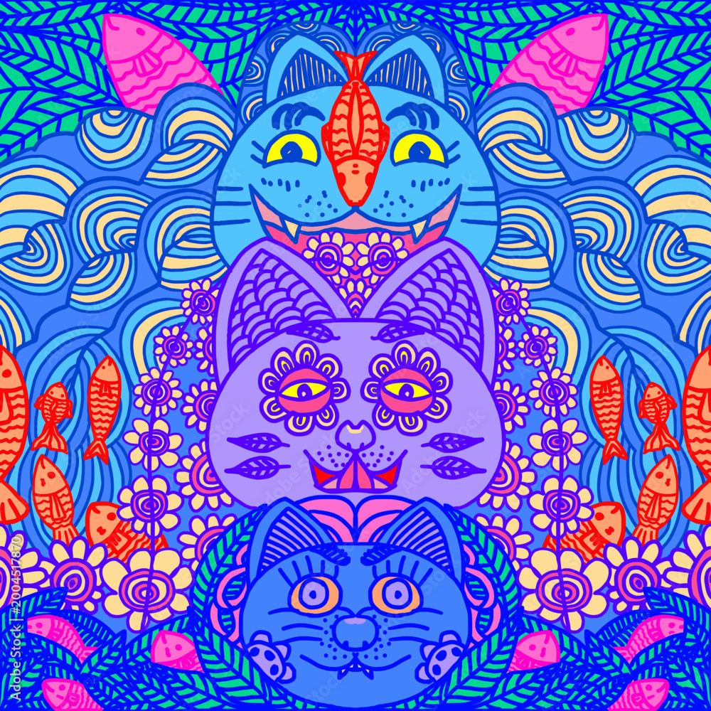 Obraz premium Kawaii colorful cat seamless pattern in blue and purple mosaic style