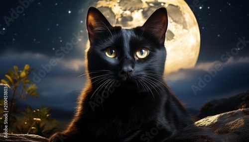 cinematic black cat with a crescent moon scene hd desktop wallpaper ai generated