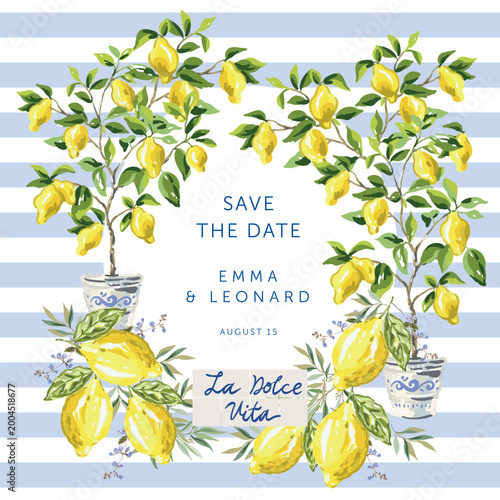 Lemon trees in the pots, yellow lemon fruits, text La Dolce Vita, striped white background. Wedding card, poster, banner template. Vector illustration. Summer trendy design