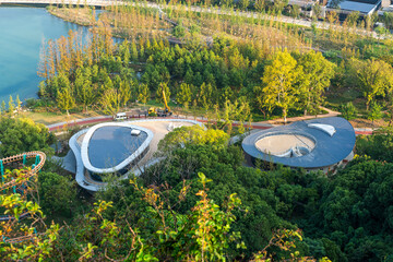 Aerial View of Modern Landscape Architecture Overlooking Serene Water Features