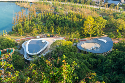 Aerial View of Modern Landscape Architecture Overlooking Serene Water Features