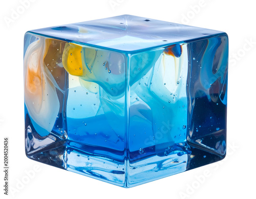 A clear cube encasing colorful swirls of blue, orange, and yellow hues