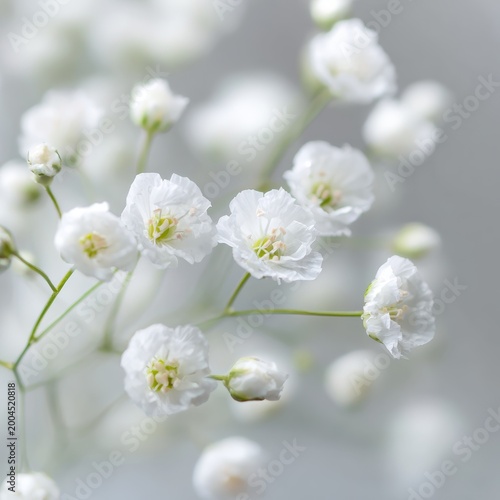 A macro photograph of delicate white Gypsophila paniculata flowers, creating a soft, cloud-like pattern, with shallow depth of field