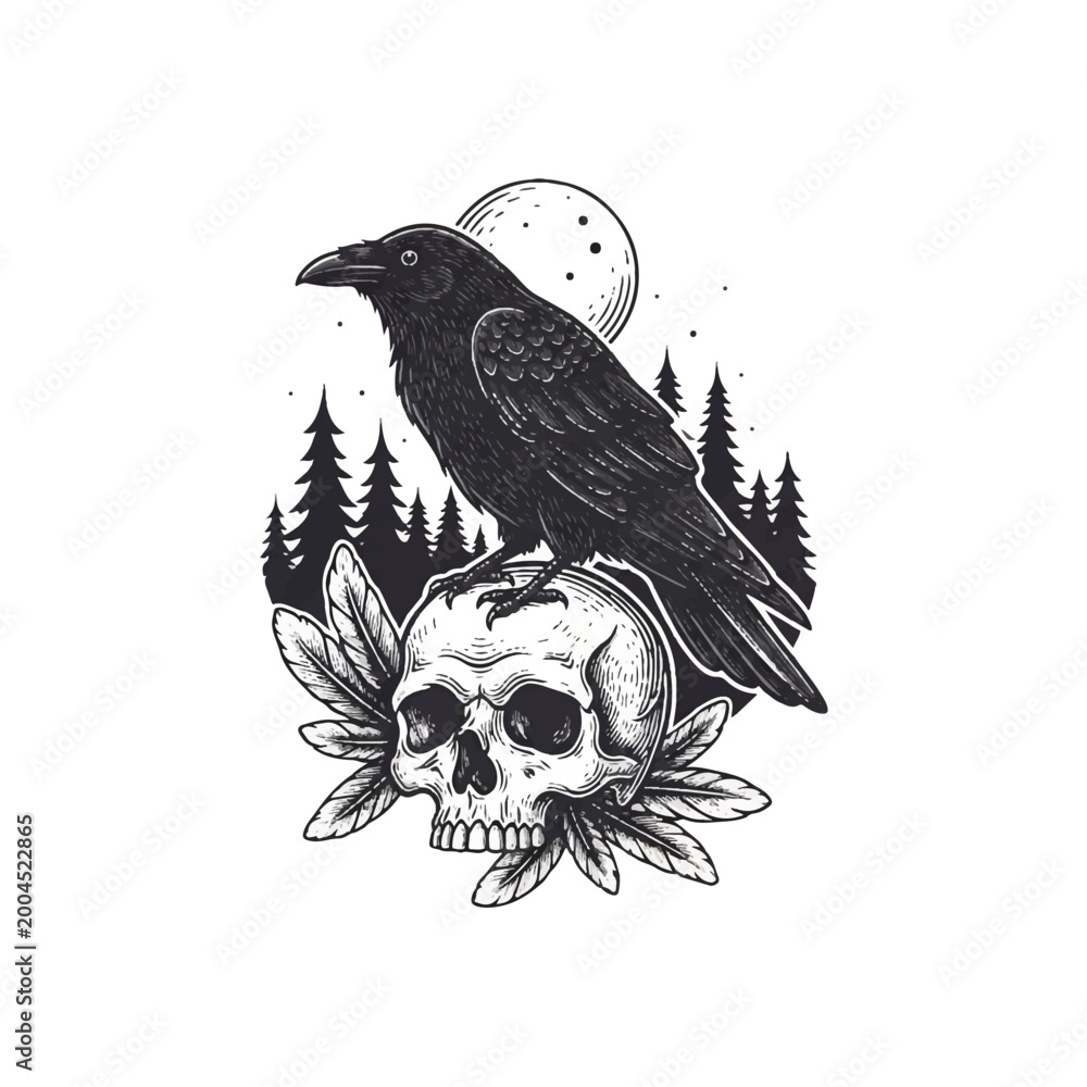 Obraz premium Black crow sitting on skull.