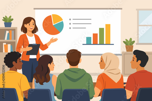 Female Educator Giving a Presentation to a Diverse Group of Young Adult Students in a Classroom Setting; Flat Vector Illustration of a Business Workshop, University Lecture, or Seminar.