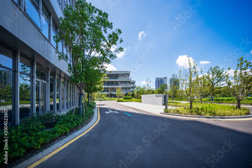 Serene Urban Landscape with Contemporary Architecture and Lush Greenery