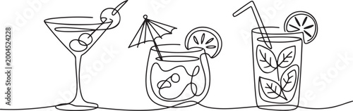 continuous one line drawing of exotic cocktail drinks. Cocktail drink continuous one line drawing. Single line art. Editable stroke
