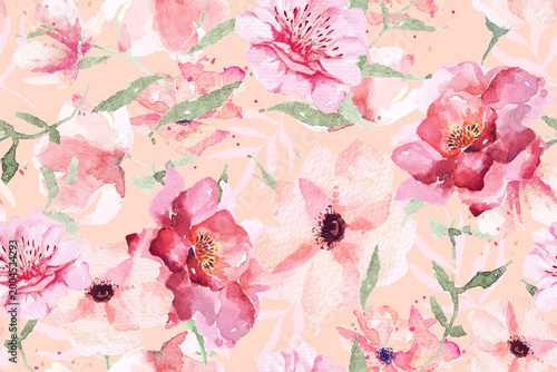 Bilde på lerret Seamless pattern of rose and blooming flower painted in watercolor on abstract orange background