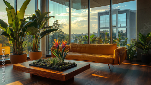 modern living room filled with flowers and plants