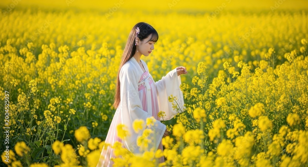 Fototapeta premium Young woman in traditional clothing stands amidst a vast field of blooming yellow flowers.