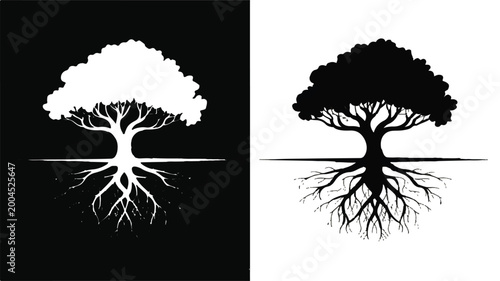 Tree Silhouette: A striking display presents a solitary tree silhouette against a backdrop of contrasting black and white, symbolizing resilience and life