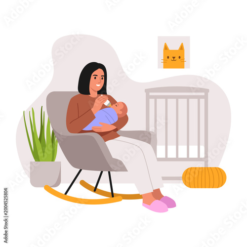 Vector illustration of a young mother feeding a baby. Cartoon scene of a mother sitting in a chair, feeding a baby with a bottle, a baby bed, a picture, a flowerpot isolated on a white background.