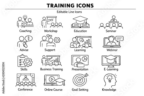 Training and Education Line Icons Set – Online Course, Webinar, Coaching and Learning Outline Vector Collection