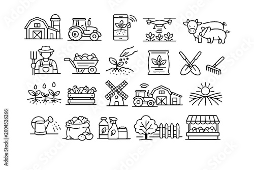 Agriculture and Farming Line Icons Set – Editable Stroke Farm, Livestock, Crops Vector Collection