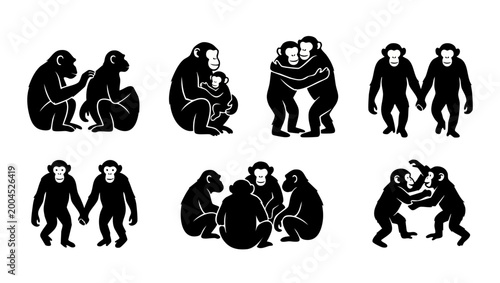 Canvas Print Chimpanzee Silhouette Set, Monkey Icons, Social Interaction Behavior, Animals Ho