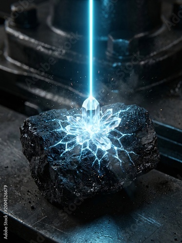 Industrial decarbonization and energy transition concept featuring blue laser transforming black coal into glowing crystal