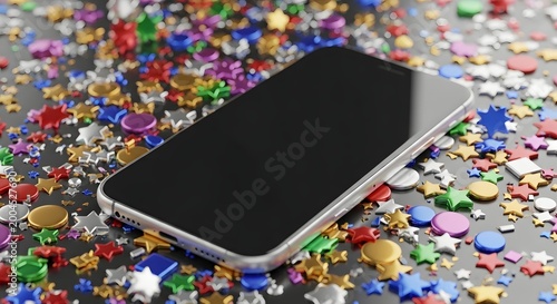 Sleek mobile communication device resting amidst a dazzling explosion of multicolored party confetti and sparkling decorative elements, symbolizing connectivity, joy, and festive digital celebrations