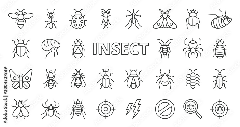 © Bezvershenko - Insect icons in line design. insect, bug, beetle, butterfly, fly, ant, nature on white background vector. Insect editable stroke icons
