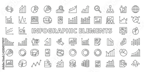 Infographic elements icons in line design. infographic, chart, graph, data, analytics, diagram, stats on white background vector. Infographic elements editable stroke icons