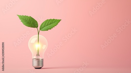 A glowing light bulb with green leaves sprouting from it, symbolizing eco-friendly energy and sustainability on a pink background.