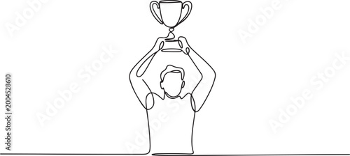 One line drawing of a man holding a trophy, success and victory concept. one line Art icon drawing vector