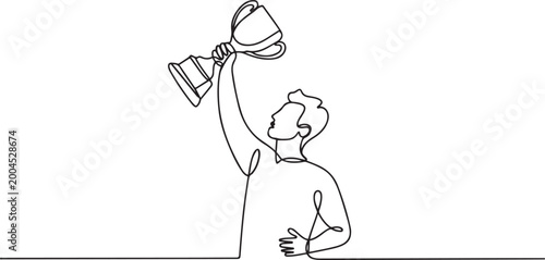 One line drawing of a man holding a trophy, success and victory concept. one line Art icon drawing vector
